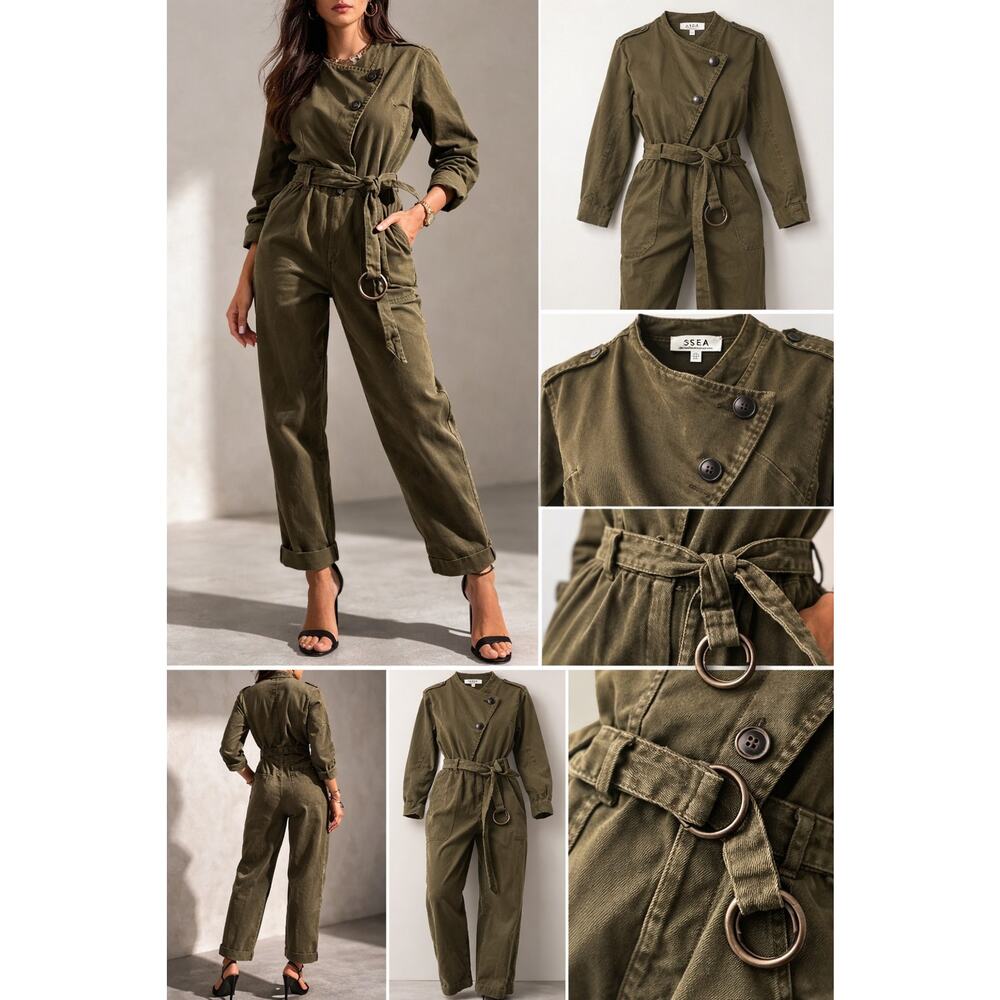 SEA New York Women's Button-Front Green Wide Leg Jumpsuit Sz 12